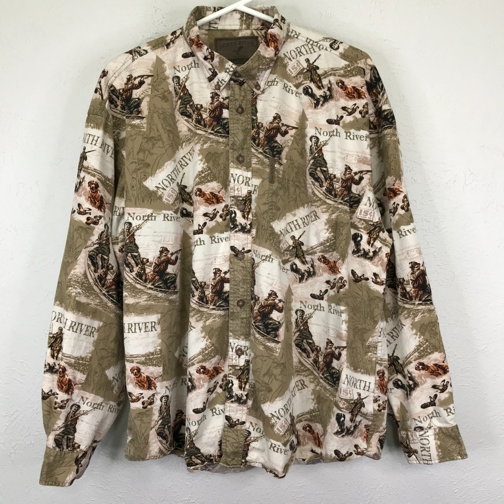 North River Outfitters Shirt Mens XL Duck Hunting‎ Dog Print Cotton Long Sleeve